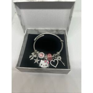 Hello Kitty Pink Charm Bracelet Silver Tone Rhinestone Bangle w/ Box NEW
